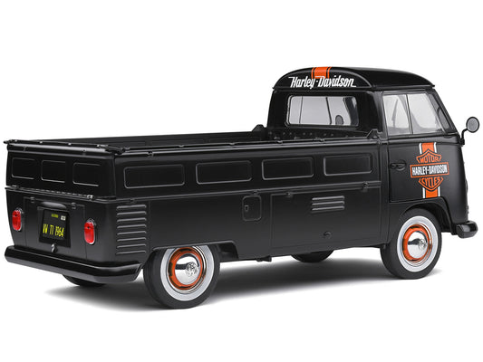 1950 Volkswagen T1 Custom Pickup Truck Matt Black with Orange Stripes "Harley Davidson" with Surfboard Accessory 1/18 Diecast Model Car by Solido