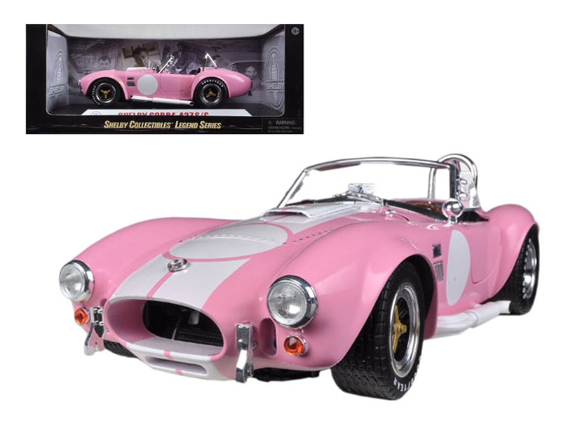 1965 Shelby Cobra 427 S/C Pink with White Stripes with Printed Carroll Shelby Signature's on the Trunk 1/18 Diecast Model Car by Shelby Collectibles