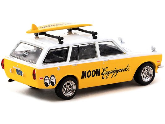 Datsun Bluebird 510 Wagon Yellow and White "MOON Equipped" with Roof Rack and Surfboard "Global64" Series 1/64 Diecast Model Car by Tarmac Works